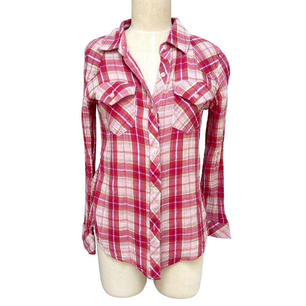 Rails Kendra Pink Plaid Button Down Gauze Blouse Size Small